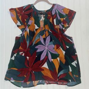 Eloquii Womens Short Flutter Sleeve Top Tropical Green Purple Orange Tie Neck 20